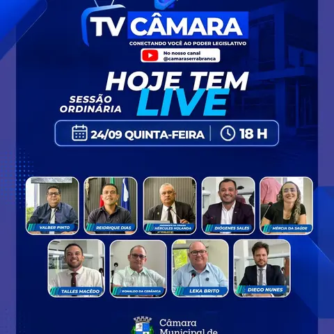 Acompanhe hoje a Sessão Ordinária da Câmara Municipal de Serra Branca em direto na TV C...