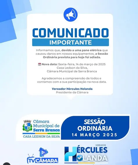 Sessão Ordinária da Câmara Municipal de Serra Branca é Adiada para Sexta-feira, 14 de Março